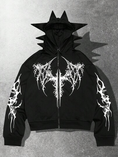 Street Life Men's Gothic Antenna Print Zip Front Hoodie, Loose Fit