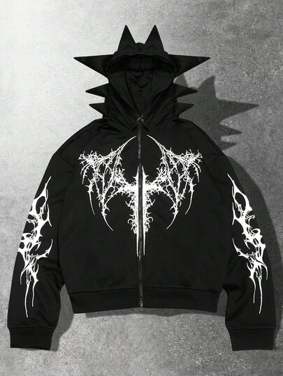 ROMWE MEN Anime Men's Gothic Antenna Print Zip Front Hoodie, Loose Fit