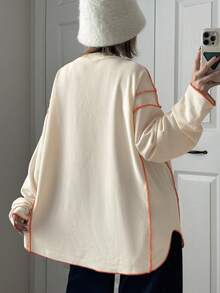 FRIFUL Women's Casual Loose Fit Round Neck Drop Shoulder Long Sleeve T-Shirt - Apricot - View 5