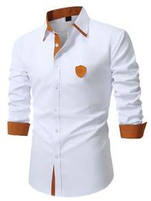 Manfinity Mode Men's Business Casual Contrast Color Button Long Sleeve Shirt, Formal - White - View 4