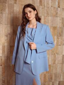 MOTF PREMIUM 纯色大蝴蝶结前开衩大腿抹胸连衣裙 - 藍色 - 查看 7