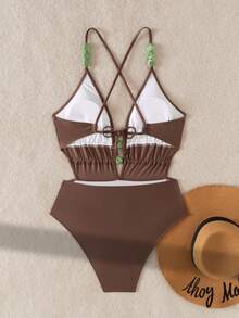 Swim Chiccia 女式纯色细肩带串珠装饰交叉后背系带前串珠连体泳衣 - 咖啡棕 - 查看 5