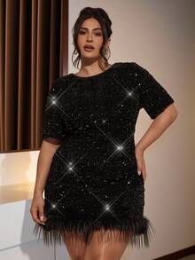 SHEIN BAE Plus Size Women Black Sequin Embellished Short Sleeve Dress,Winter Dress Women,One-Piece Dress Ladies Autumn Winter,Elegant Party Dresses,Formal Dresses For Women,Wedding Dress,Fall Clothes Plus Size,Plus Size Woman Dresses,Dresses For Ladies Summer,Birthday Outfits For Women, Black Sparkly Dress, Sequin Dress,Valentine's Day,Valentine Outfits For Women - Black - View 3