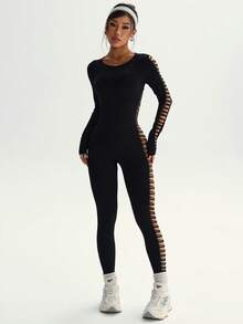 Slayform 女士时尚性感纯色镂空紧身健身连体裤 - 黑色 - 查看 4
