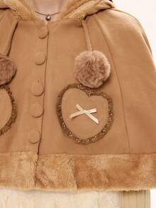 ROMWE Kawaii 女士可爱泰迪熊拼接连帽斗篷，棕色 - 棕色 - 查看 3