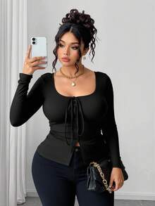 Elenzga 大码合身休闲前系带蝴蝶结纽扣T恤 - 黑色 - 查看 1