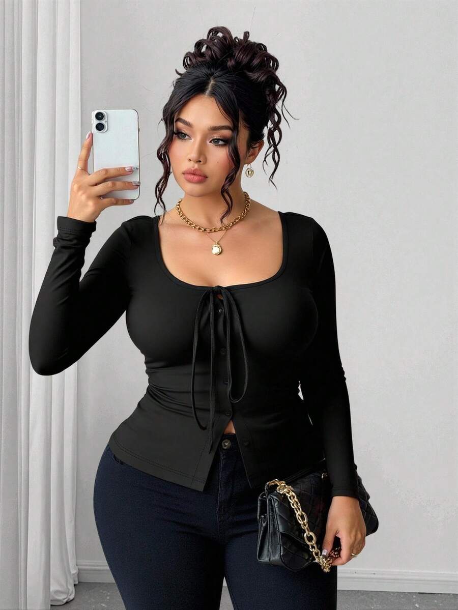 Elenzga 大码合身休闲前系带蝴蝶结纽扣T恤 - 黑色 - 查看 1