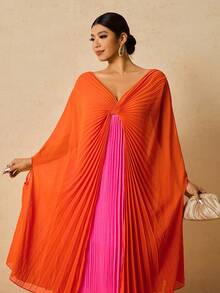 Travachic 大码女式橙色和紫红色拼接褶皱V领长袖宽松派对连衣裙 - 彩色 - 查看 4