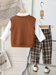 Souflis Souflis 3pcs Baby Boy Textured V-Neck Sweater Vest Set With Long Sleeve Shirt And Red Plaid Pants, Elegant Outfit Suitable For Christmas, Halloween, Parties And Other Autumn/Winter Occasions Baby Boys Holiday Wedding Dress Gentleman Outfit Toddler Brown Baby Boy Outfit Long Sleeve Shirt Top Vest Bib Pants Bow Tie Toddler