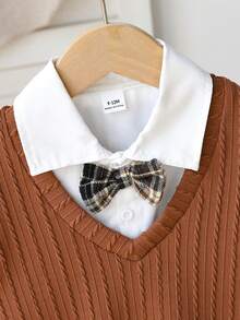 Souflis Souflis 3pcs Baby Boy Textured V-Neck Sweater Vest Set With Long Sleeve Shirt And Red Plaid Pants, Elegant Outfit Suitable For Christmas, Halloween, Parties And Other Autumn/Winter Occasions Baby Boys Holiday Wedding Dress Gentleman Outfit Toddler Brown Baby Boy Outfit Long Sleeve Shirt Top Vest Bib Pants Bow Tie Toddler