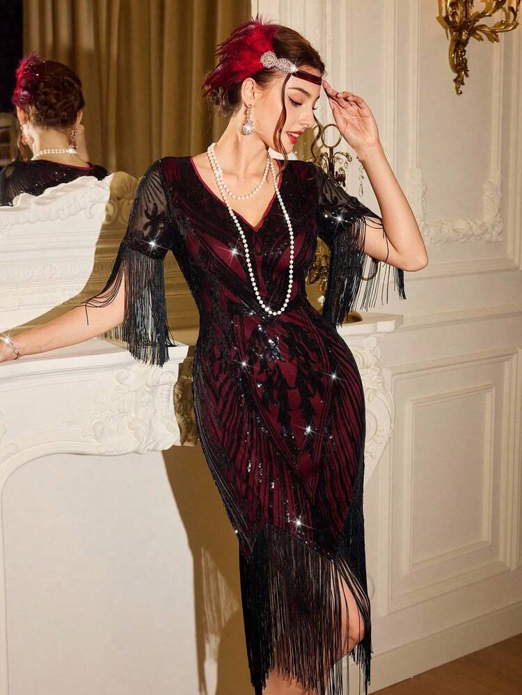 Vintamour 女式复古优雅派对亮片刺绣流苏鸡尾酒紧身连衣裙 女式冬装 女式圣诞装 女式圣诞装 冬装 女式圣诞装 新年装 女式优雅连衣裙 圣诞派对装 优雅派对装 优雅派对装 女式亮片连衣裙 闪亮连衣裙 红色连衣裙 女式感恩节装 女式新年装 新年装 - 紅色 - 查看 3