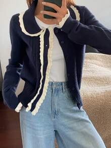 Livesso Women's Ruffled Collar Cardigan, Autumn/Winter - Navy Blue - View 5