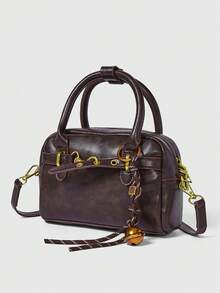 ROMWE Grunge Punk 女士复古咖啡棕色保龄球包，新款时尚手提包带肩带设计，小巧休闲单肩斜挎包带结饰，适合手机、零钱包、情人节礼物 - 咖啡棕 - 查看 3