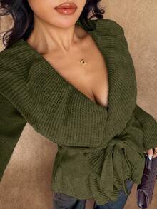 Rafferiza 女士简约优雅法式浪漫系带开衫 绿色开衫 女士橄榄绿 - 軍綠色 - 查看 5