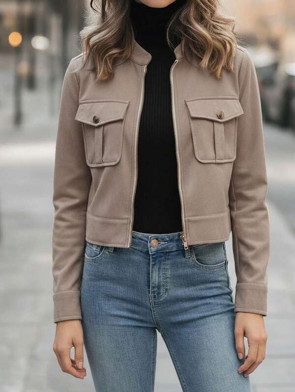 EMERY ROSE Women's Warm Thick Metal Button Decorated Cargo Green Short Jacket, Suitable For Autumn/Winter Fall Cloth For Women