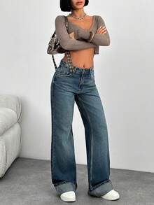 EURMUSE Women's Mid-Rise Washed Comfortable Breathable Slant Pocket Loose Wide-Leg Jeans - Medium Wash - View 6