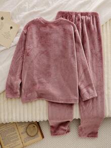 女童舒适卡通刺绣长袖上衣和裤子睡衣套装，秋冬 - 粉色 - 查看 2