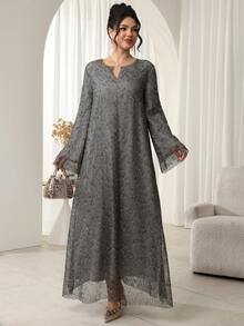 Al Najma 宽松休闲网纱土耳其长裙及阿拉伯传统长袍，秋冬款 - 灰色 - 查看 4