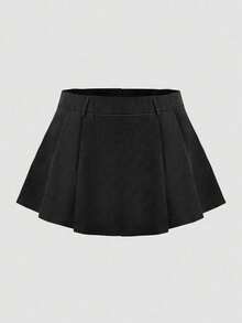 Calvaya 大码女式高腰黑色褶皱A字迷你裙搭配安全短裤 - 黑色 - 查看 5