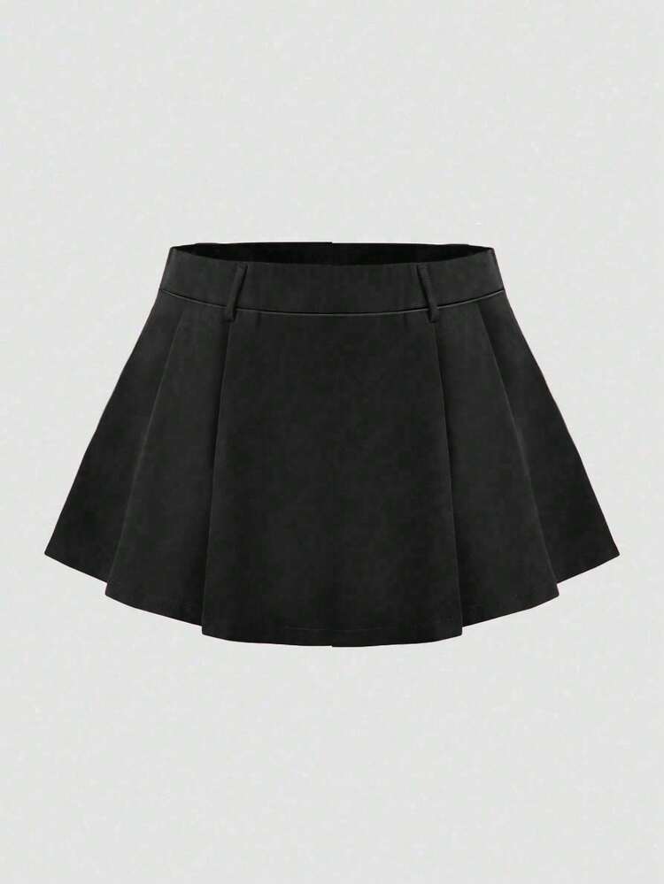 Calvaya 大码女式高腰黑色褶皱A字迷你裙搭配安全短裤 - 黑色 - 查看 5