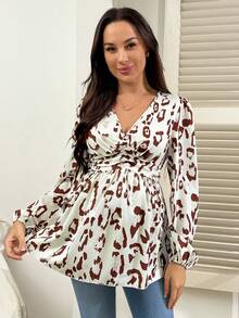 SHEIN Printed Long Sleeve V-Neck Maternity Blouse - Multicolor - View 4
