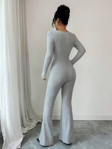 Elenzga 女士优雅蝴蝶结装饰撞色方领罗纹针织连体裤，秋冬季保暖