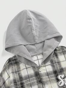 ROMWE MEN Prep 男士字母图案格子长袖单排扣休闲连帽夹克 - 彩色 - 查看 3
