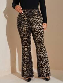 SHEIN Tall CURVE 1件装 女士加大码豹纹高弹力腰裤，带口袋/适合冬季、春季、情人节、日常生活、通勤、上学、教师、会议、外出、休闲等场合 - 棕色 - 查看 3