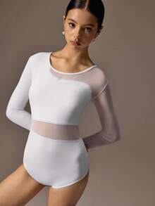 SHEIN 少女运动紧身衣，适合芭蕾舞、返校、健身、训练和休闲穿着。长袖，时尚网眼面料，高弹舒适，适合舞蹈运动。 - 米色 - 查看 5