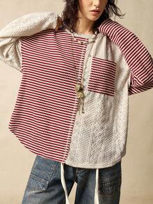 Bohemela 圣诞新年休闲针织条纹拼接纯色面料长袖圆领宽松女式卫衣，冬季