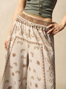 Bohemela BOHO Casual Vacation Nomadic Style Paisley Knit Print Loose Wide Leg Women Sweatpants, Autumn/Winter - Khaki - View 2