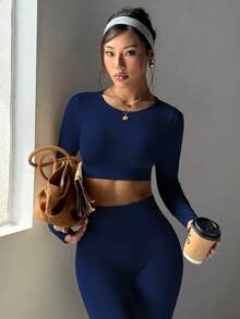 SHEIN Dewbera Conjunto deportivo de top de manga larga y pantalones de cintura alta de unicolor y alta elasticidad para mujer - Azul Marino - Ver 4