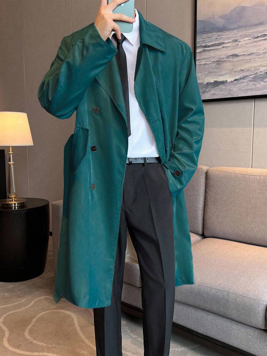 Claim Dot Men's Casual Everyday Double-Breasted Long Sleeve Long Trench Coat, Autumn - Green - View 1