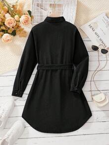 SHEIN Casual Front Button Long Sleeve Tween Girls Denim Dresses, Black Denim Dress, Denim Shirt Dress, Button Down Dress, Jean Dress Fall Winter - Black - View 2