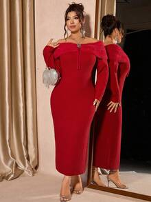 Cravure Damen Kleid in Große Größen, luxuriöser roter Einsschulter-Fake-Fellkragen, hochelastisches figurbetontes Midi-Pulloverkleid, Schleifenkragen, Metallknöpfe, elegantes Damenkleid, geeignet für Silvesterparty, Weihnachten, Halloween-Party, Büromode - Rot - Übersicht 9