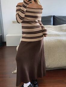 DAZY 2pcs/Set Women Off-Shoulder Striped Sweater, Autumn/Winter - Coffee Brown - View 4