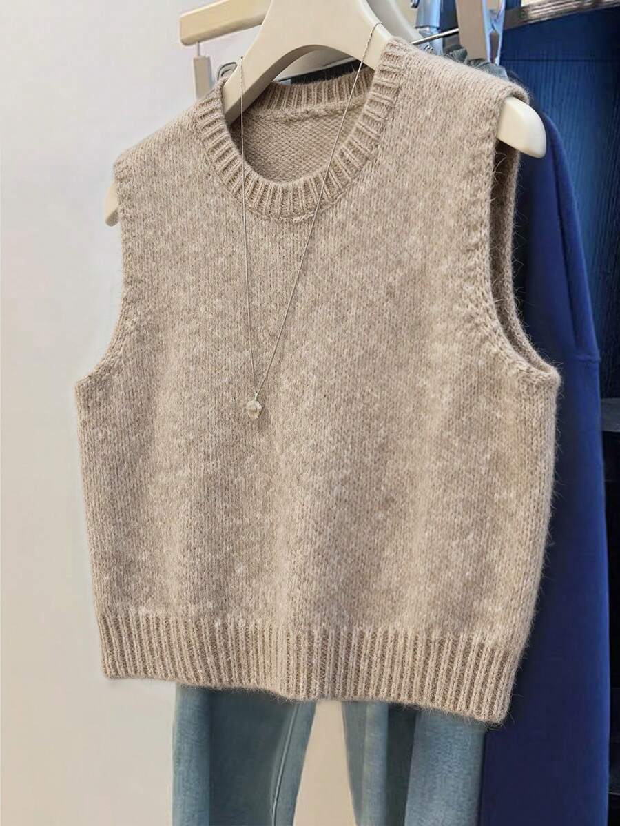 GlowEve Rompi Rajut Tanpa Lengan Minimalis Warna Polos untuk Wanita, Cocok untuk Pakaian Sehari-hari - Khaki - View 1