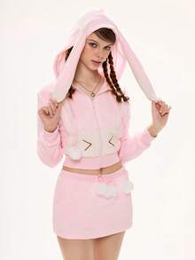 ROMWE Kawaii Women's Cute Rabbit Ear Plush Patchwork Contrast Color Fabric Rabbit Tail 2 Pieces Set - Pink - View 6