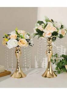 10件套户外婚礼餐桌中心装饰品，仿真花瓶，金色花卉摆件，多功能金属花架，优雅婚礼中心装饰花瓶，水晶花架，适用于婚礼、宴会、餐厅、酒店装饰、圣诞节等场合。 - 金色 - 查看 7