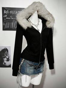 SHEIN ICON Áo khoác trùm đầu dáng ôm in họa tiết cánh phong cách Punk Gothic cổ điển, phong cách Y2K, thích hợp mặc khi đi chơi và đi sân bay - màu đen - Xem 4