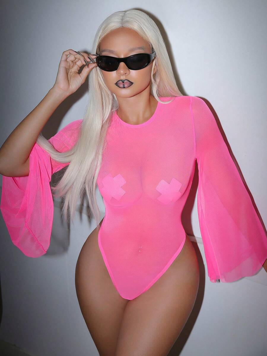 3件套女士纯色圆领插肩喇叭袖修身性感透视连体裤 - 玫紅色 - 查看 1