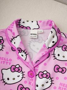 HELLO KITTY AND FRIENDS | SHEIN Baby Girl Cartoon Bow Kitty Cat Allover Print Button Front Top & Pants Pajama Set, Sweet & Lovely, Autumn/Winter Pink Pajama Set Ruffle Trim Pajamas - Pink - View 5