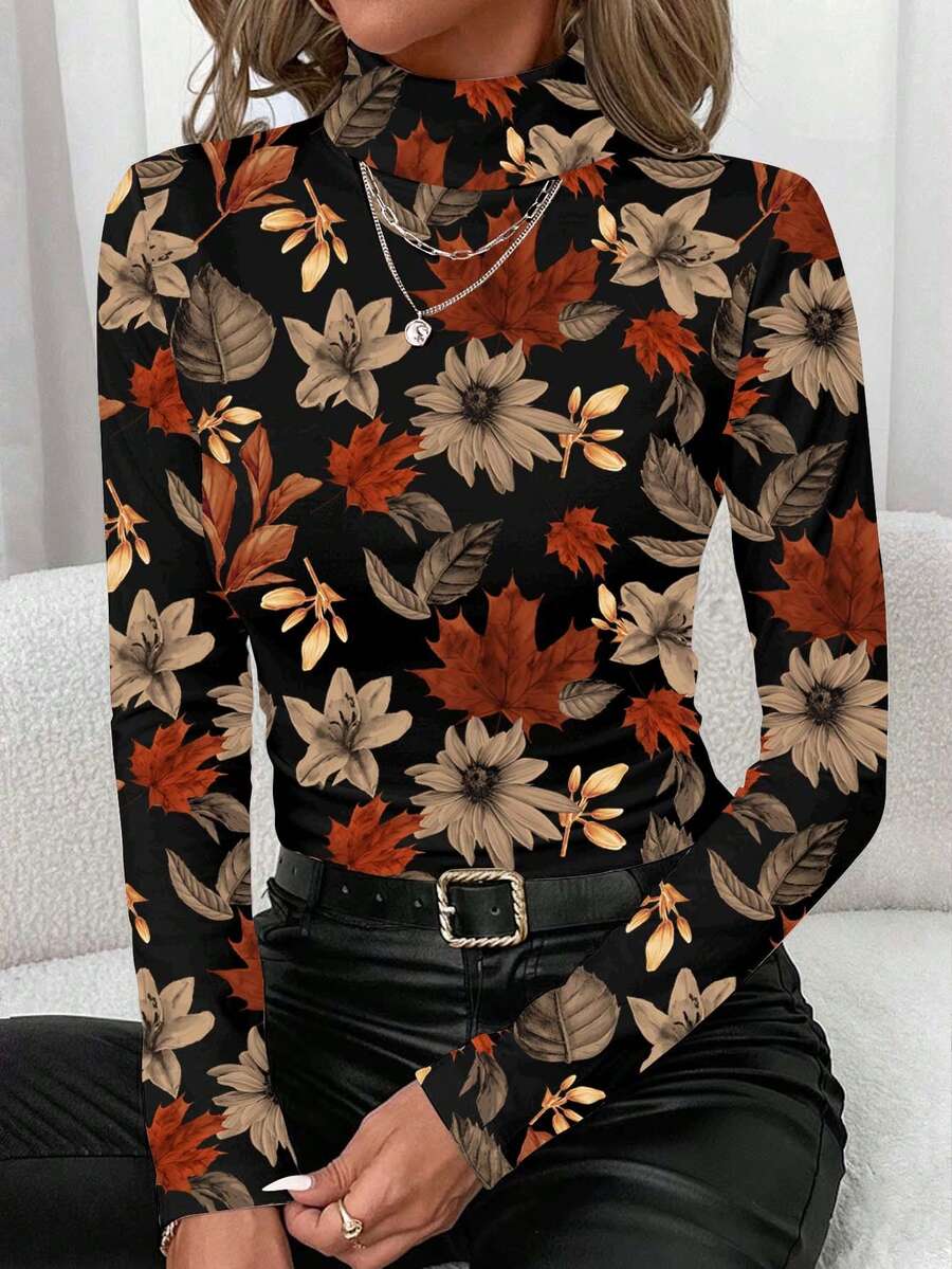 SHEIN Clasi 休闲复古成熟百搭深棕色豹纹图案女士修身长袖打底T恤，秋冬季穿着舒适 - 彩色 - 查看 1