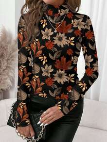 SHEIN Clasi 休闲复古成熟百搭深棕色豹纹图案女士修身长袖打底T恤，秋冬季穿着舒适 - 彩色 - 查看 6