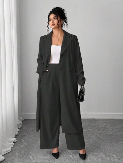 Elenzga Plus Size Women's Elegant Lapel Elegant Long Suit Jacket + Suit Pants Set, Apricot Color