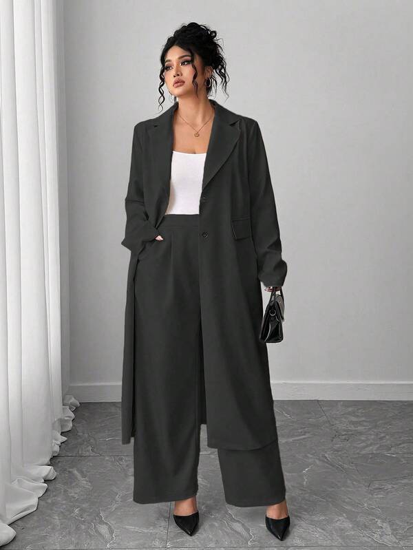 Elenzga Plus Size Women's Elegant Lapel Elegant Long Suit Jacket + Suit Pants Set, Apricot Color