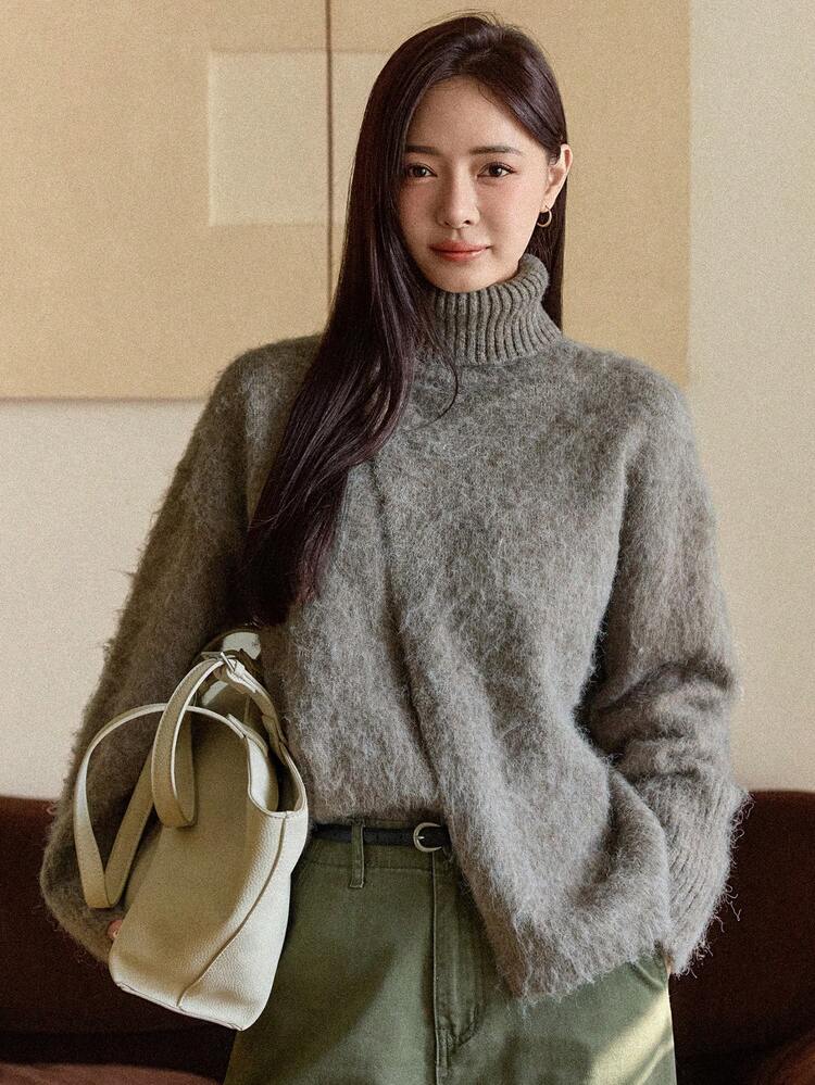 Women's Casual Solid Color Turtleneck Wrap Sweater, Autumn/Winter