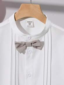 SHEIN Leap Crew 2pcs Tween Boy Casual Striped Collar Short Sleeve Shirt And Elastic Waist Shorts Set, Suitable For Autumn, Spring, Summer, Outdoor Play, School, Street Style, Party And Leisure