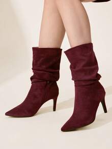 CUCCOO CHICEST 女士秋冬新款褶皱尖头细高跟优雅通勤百搭经典舒适黑色仿麂皮绒中筒靴，适合约会、工作、万圣节、圣诞节、感恩节等场合，用途广泛。 - 紅色 - 查看 7