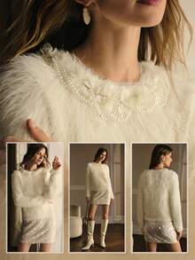 MOTF PREMIUM APPLIQUES FAUX PEARL DETAIL SWEATER - Apricot - View 1